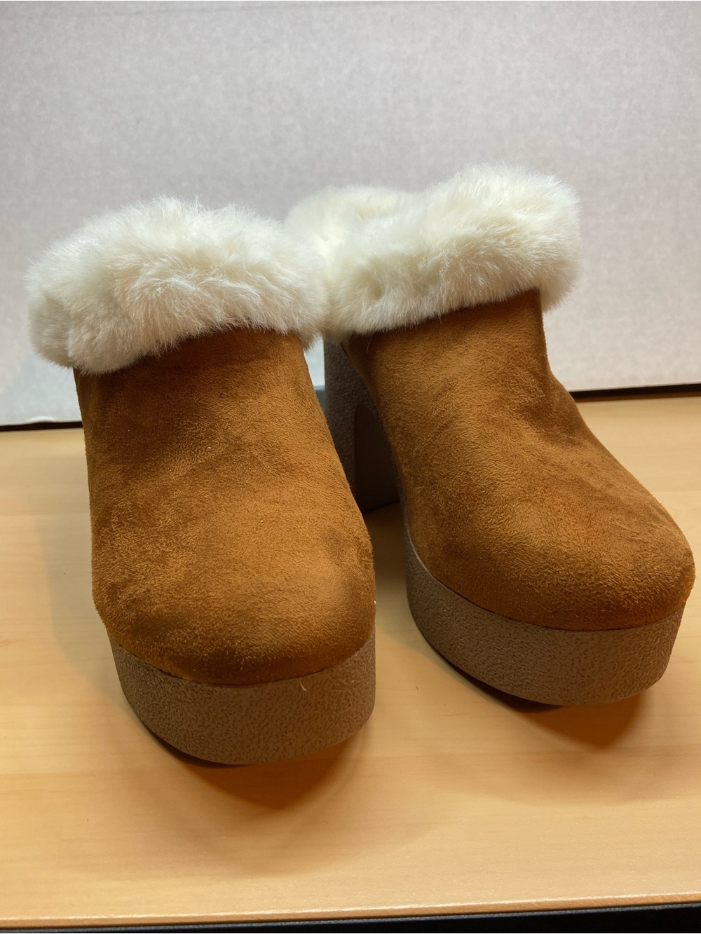Wild Diva Tan Suede Platform Mules with Cream Faux Fur Collar